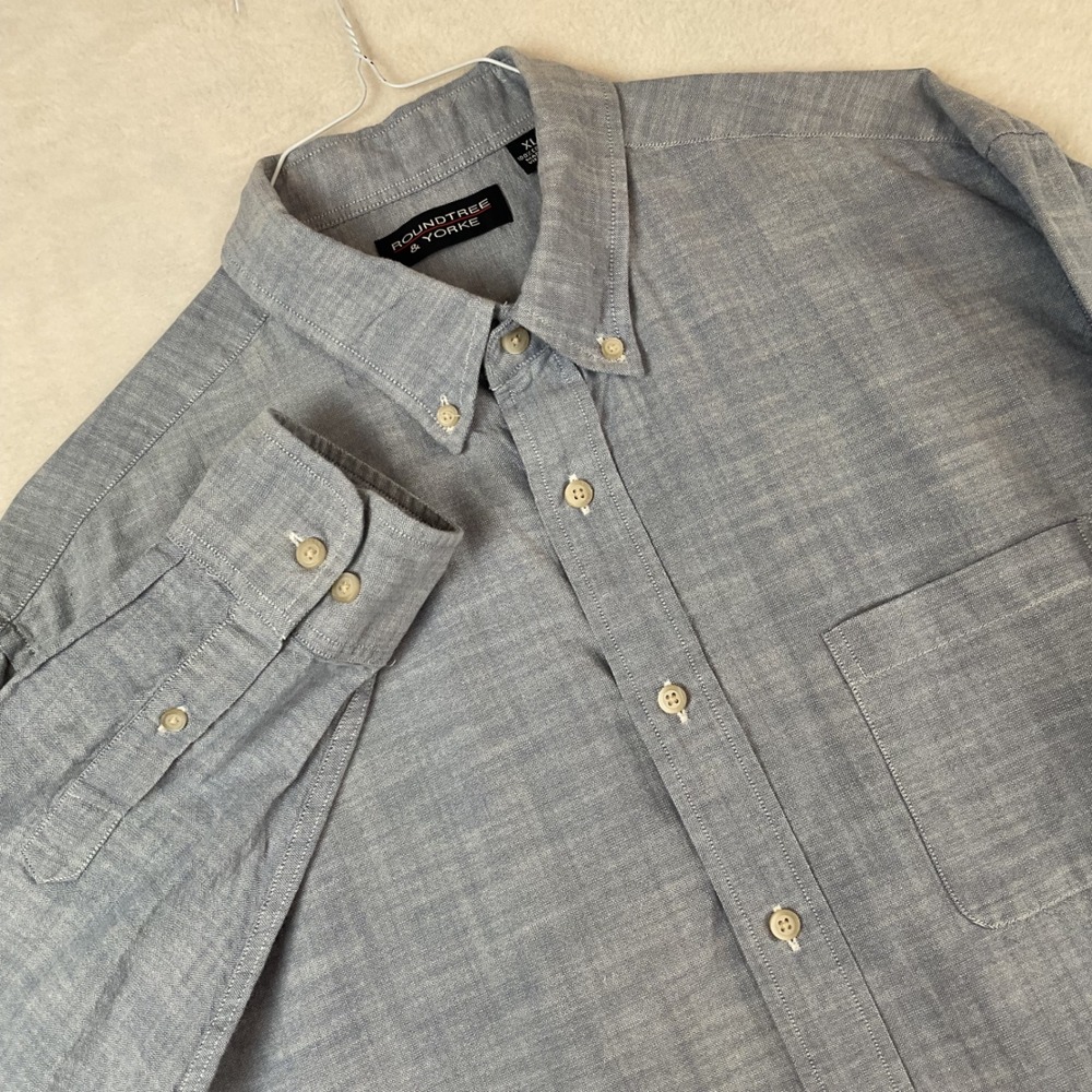 Roundtree & Yorke Mens XL Blue Cotton Long Sleeve Button Down Shirt Plaid Trim
